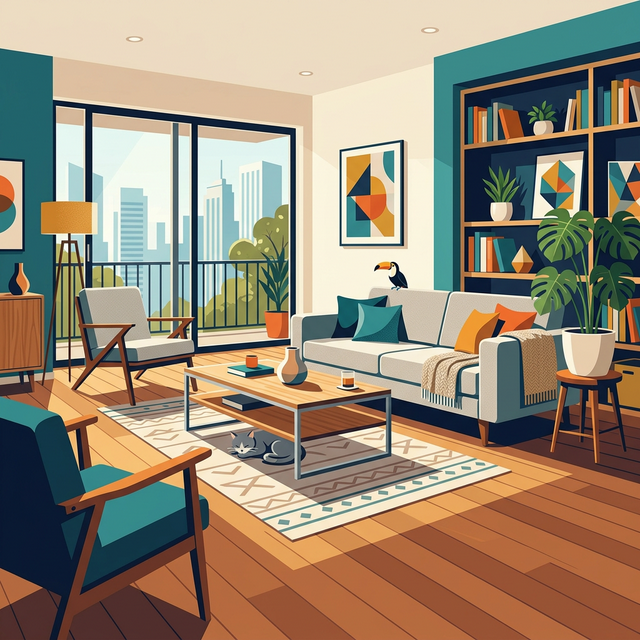 Sala con gato y objetos